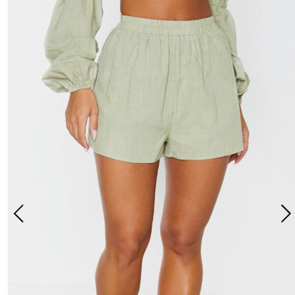 PrettyLittleThing Pants - Prettylittlething Green Linen  Beach Shorts SZ USA 10 UK 14